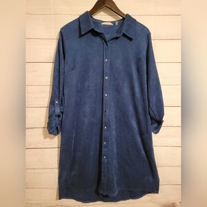 Soft Surroundings Shirt Dress Women's LG Blue Velour Roll Tab Sleeve Pockets